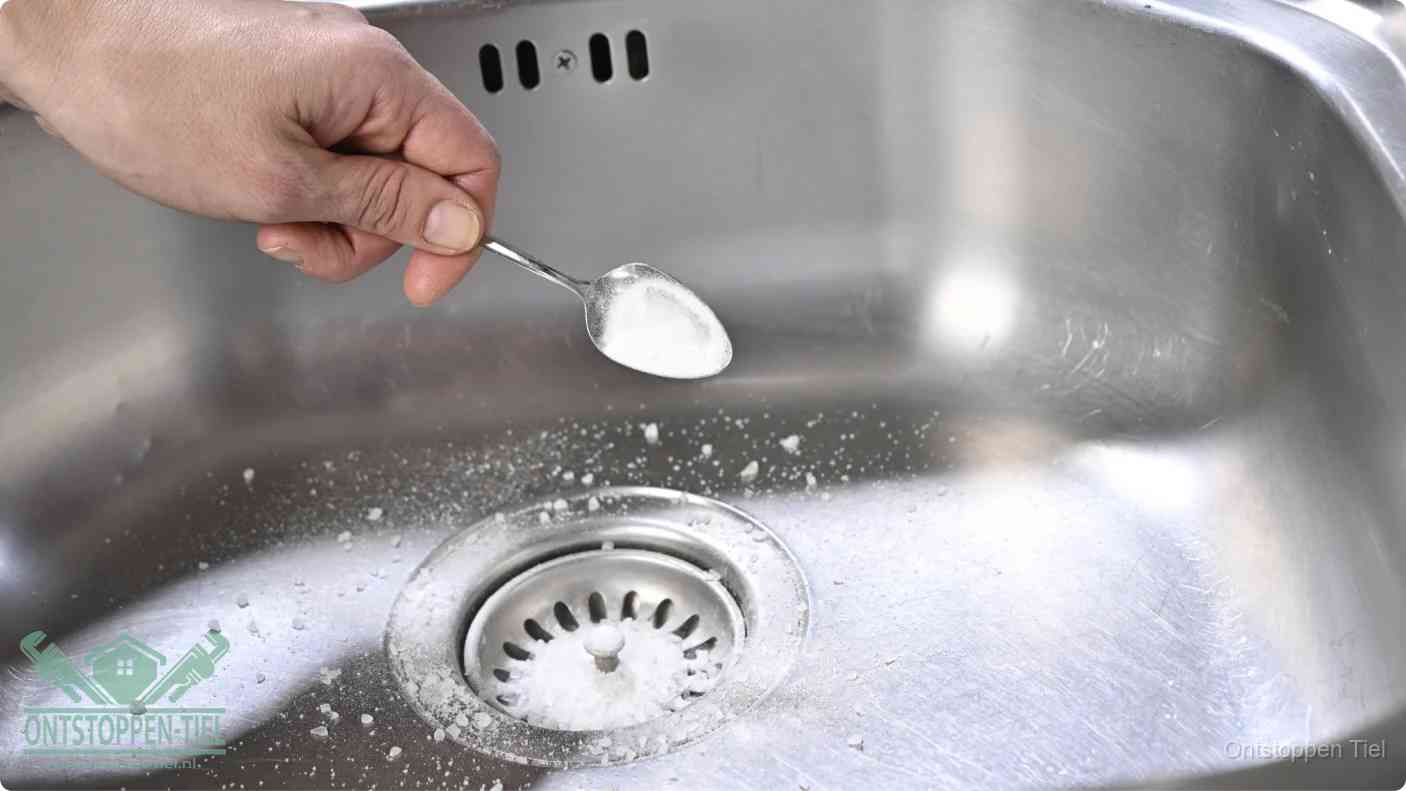 Een hand strooit met een lepel soda in de afvoer van een roestvrijstalen spoelbak, de soda en azijn huismiddel-methode om de afvoer te ontstoppen in Tiel
